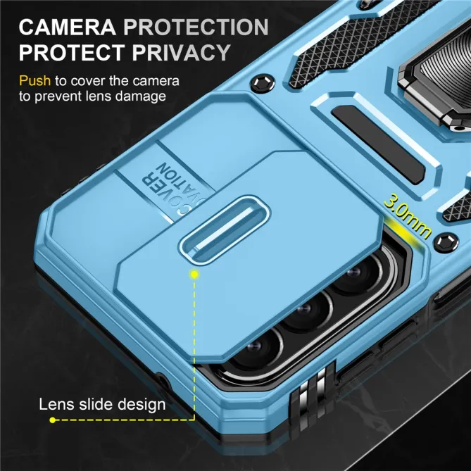 Coque Samsung Galaxy A27 Cache Caméra Coulissant et Anneau Béquille