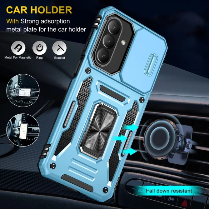 Coque Samsung Galaxy A27 Cache Caméra Coulissant et Anneau Béquille