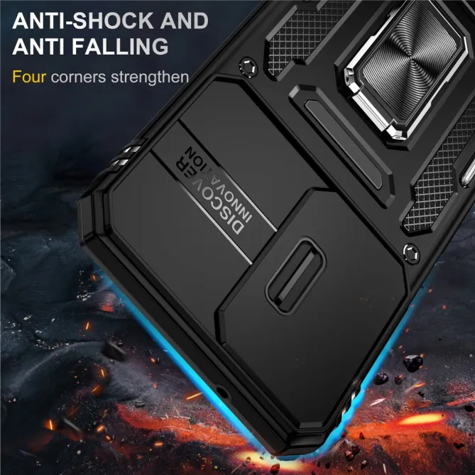 Coque Samsung Galaxy A27 Cache Caméra Coulissant et Anneau Béquille