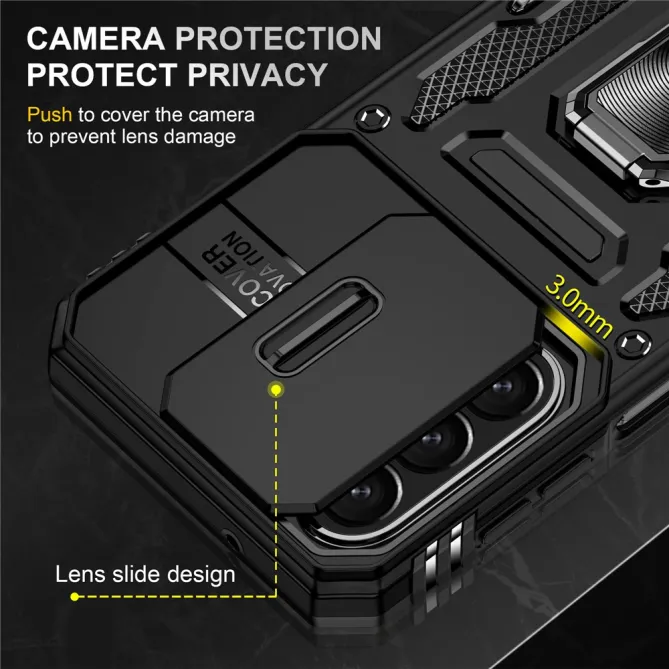 Coque Samsung Galaxy A27 Cache Caméra Coulissant et Anneau Béquille