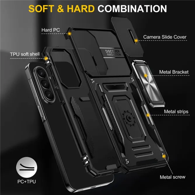 Coque Samsung Galaxy A27 Cache Caméra Coulissant et Anneau Béquille