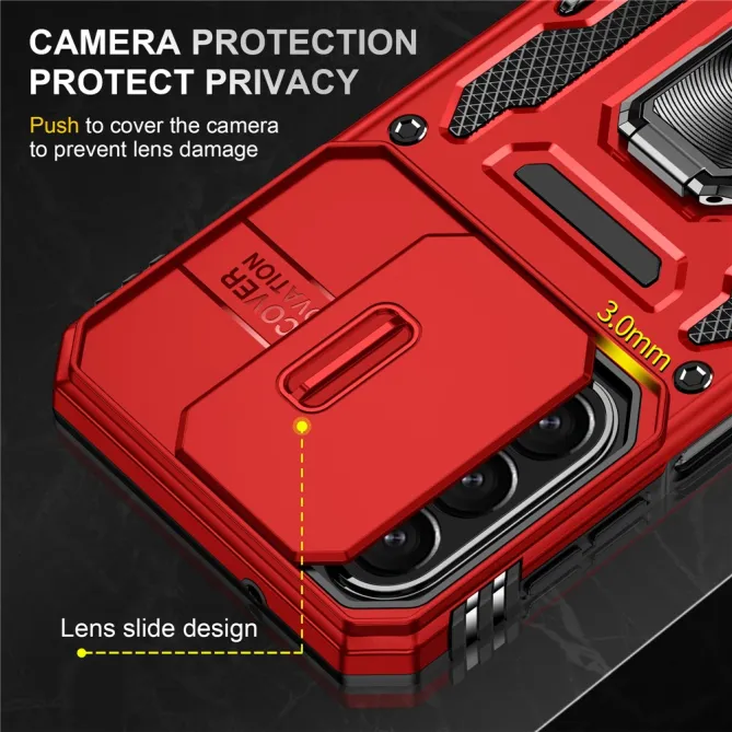 Coque Samsung Galaxy A27 Cache Caméra Coulissant et Anneau Béquille
