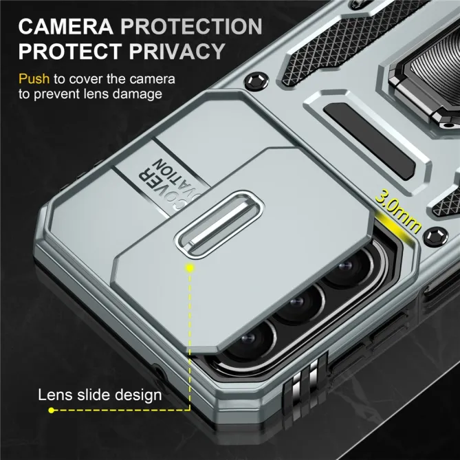 Coque Samsung Galaxy A27 Cache Caméra Coulissant et Anneau Béquille