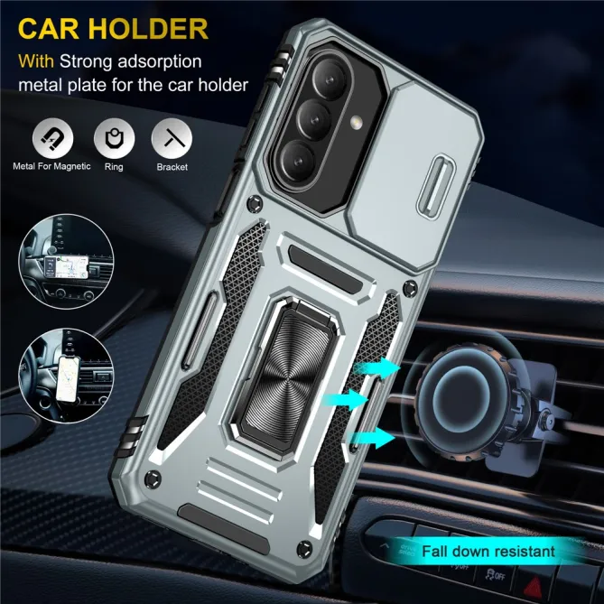 Coque Samsung Galaxy A27 Cache Caméra Coulissant et Anneau Béquille