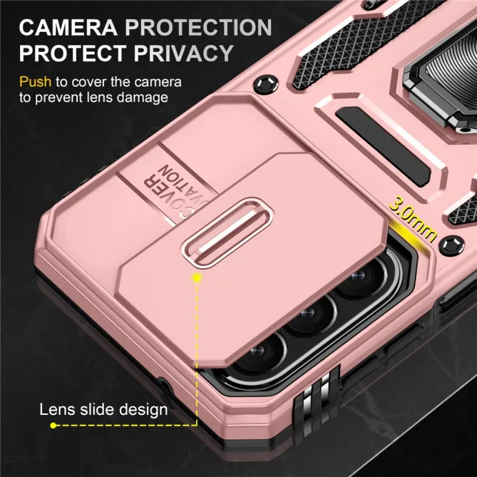 Coque Samsung Galaxy A27 Cache Caméra Coulissant et Anneau Béquille