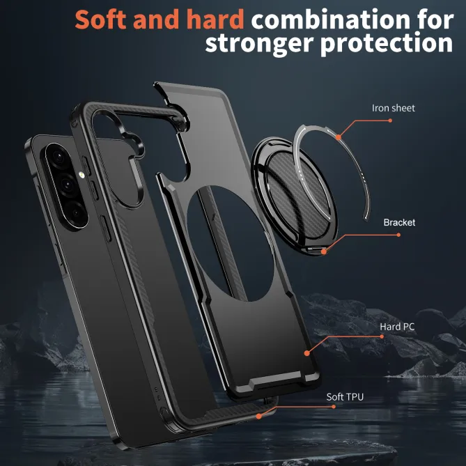 Coque Samsung Galaxy A27 Magnétique Anneau Béquille Texture Carbone