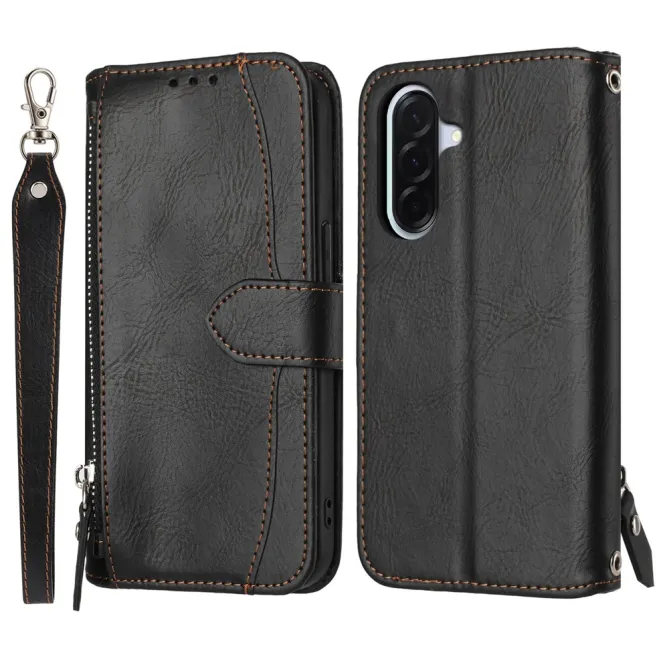 Housse Samsung Galaxy A27 Portefeuille Cuir Vieilli Zippé Bandoulière