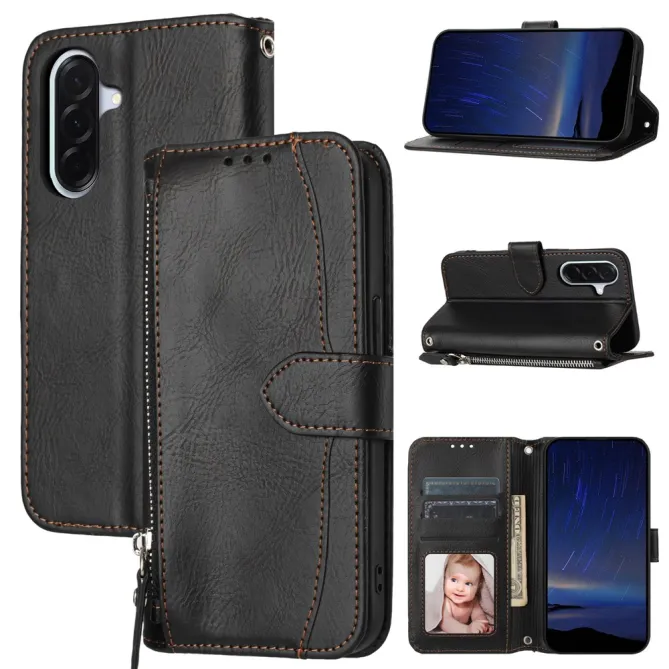 Housse Samsung Galaxy A27 Portefeuille Cuir Vieilli Zippé Bandoulière