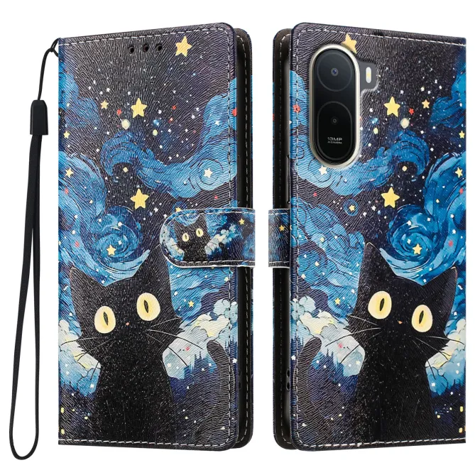 Housse POCO C81 Pro Chat Nuit Étoilée avec Dragonne