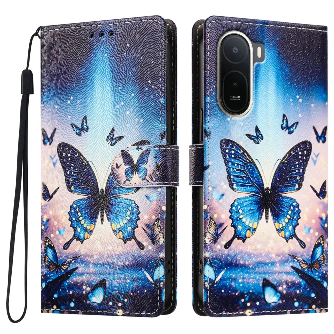 Housse POCO C81 Pro Papillons Bleus Aurore avec Dragonne