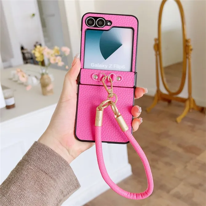Coque Samsung Galaxy Z Flip 7 FE / Z Flip 6 Grain Litchi avec Dragonne