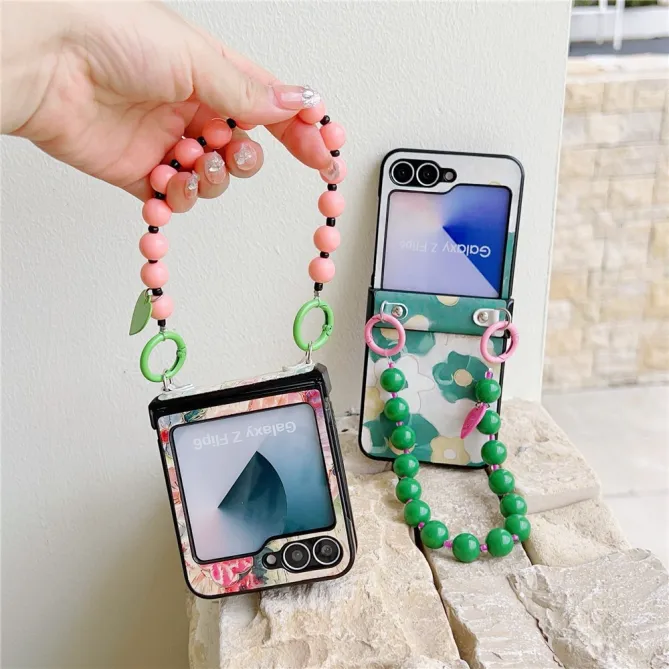 Coque Samsung Galaxy Z Flip 7 FE / Z Flip 6 Floral avec Dragonne Perles