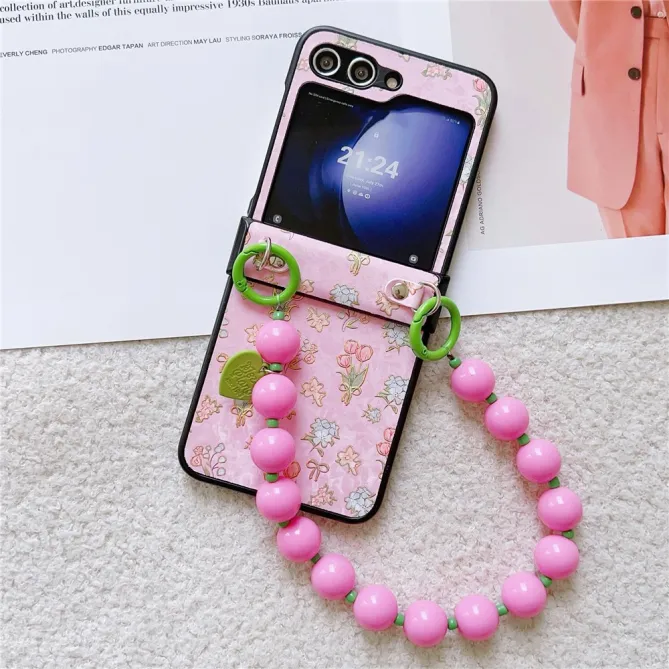 Coque Samsung Galaxy Z Flip 7 FE / Z Flip 6 Imprime Floral avec Dragonne Perles