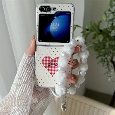 Coque Samsung Galaxy Z Flip 7 FE / Z Flip 6 Coeur Vichy avec Dragonne Perles