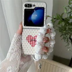 Coque Samsung Galaxy Z Flip 7 FE / Z Flip 6 Coeur Vichy avec Dragonne Perles