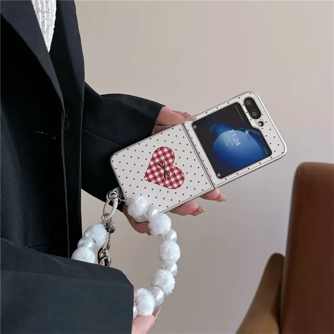 Coque Samsung Galaxy Z Flip 7 FE / Z Flip 6 Coeur Vichy avec Dragonne Perles