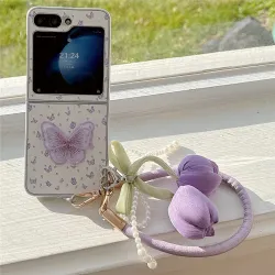 Coque Samsung Galaxy Z Flip 7 FE / Z Flip 6 Papillon Brode Bracelet Tulipes