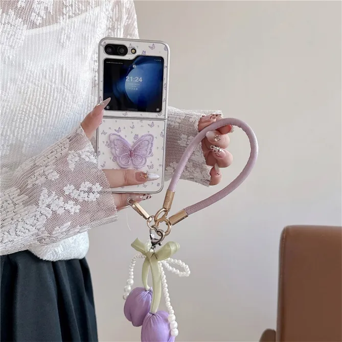 Coque Samsung Galaxy Z Flip 7 FE / Z Flip 6 Papillon Brode Bracelet Tulipes