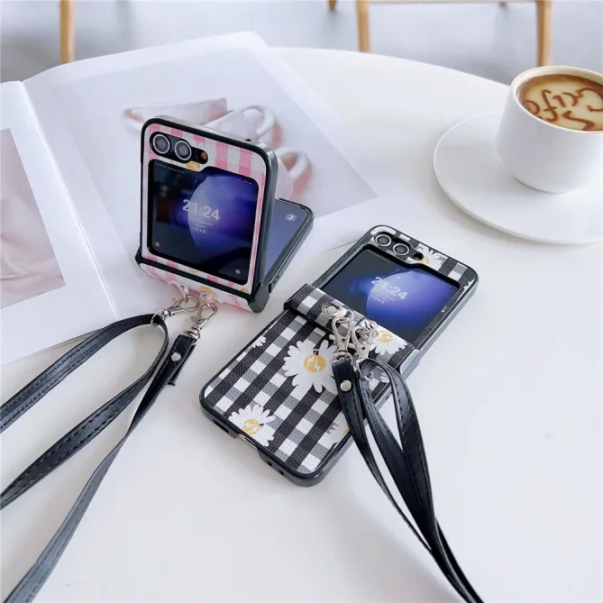 Coque Samsung Galaxy Z Flip 7 FE / Z Flip 6 Imprimé Vichy Fleuri avec Bandoulière