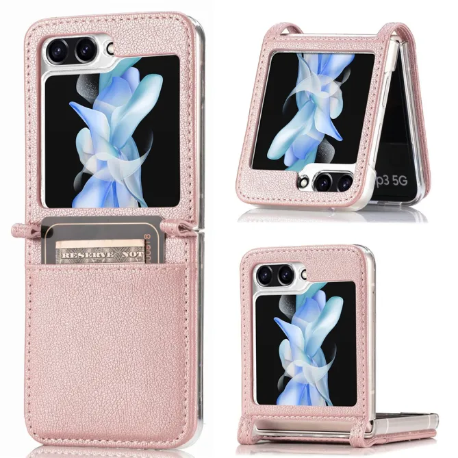 Coque Samsung Galaxy Z Flip 7 FE et Z Flip 6 Porte-Carte Grain Litchi