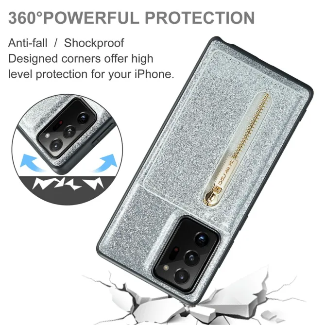 Coque Note 20 Ultra Pailletée Portefeuille Zippé Amovible