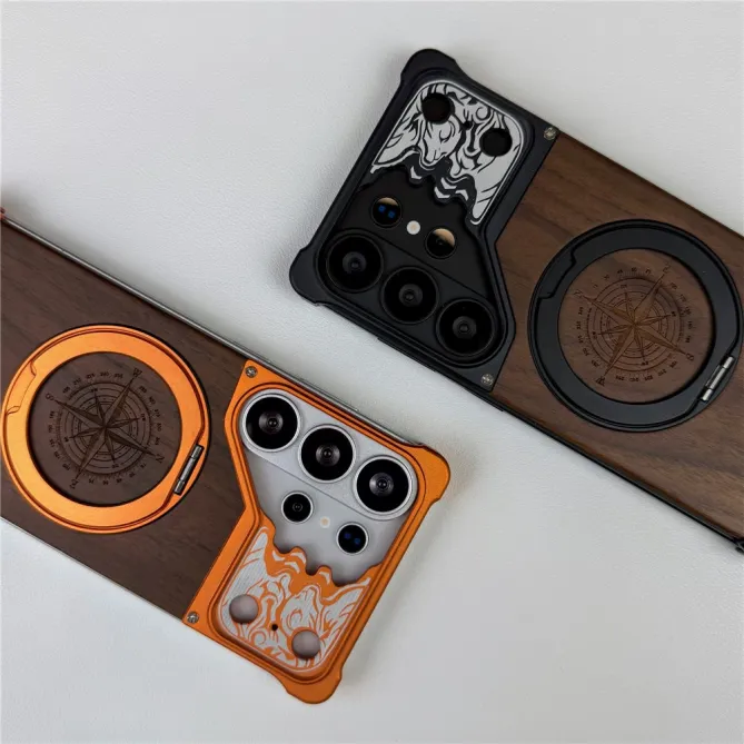 Coque Samsung Galaxy S26 Ultra Bois de Noyer Sans Bordure avec Boussole Gravée