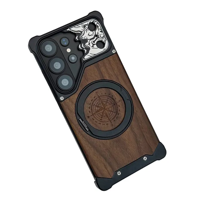 Coque Samsung Galaxy S26 Ultra Bois de Noyer Sans Bordure avec Boussole Gravée