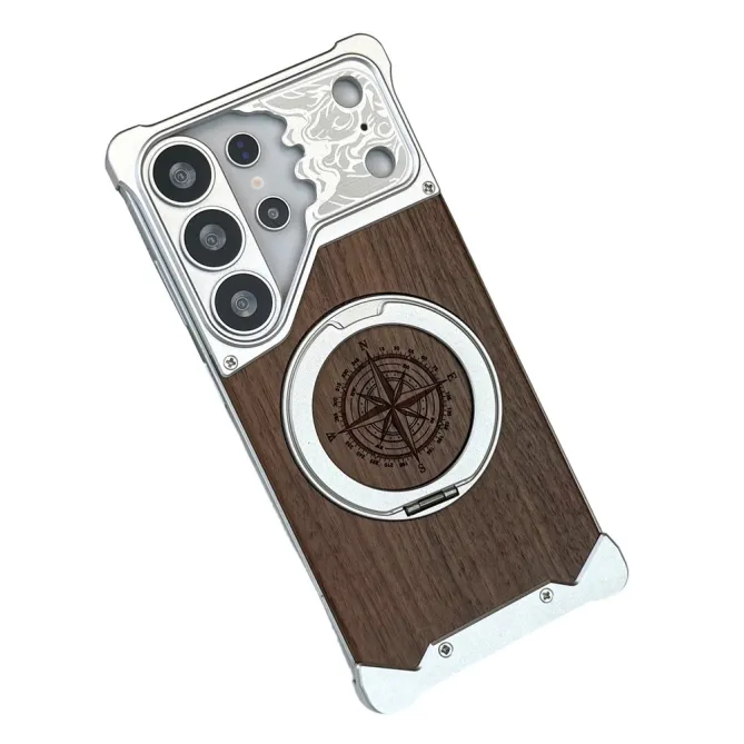 Coque Samsung Galaxy S26 Ultra Bois de Noyer Sans Bordure avec Boussole Gravée