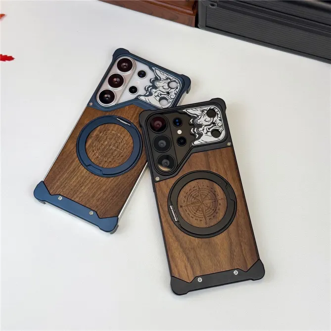 Coque Samsung Galaxy S26 Ultra Bois de Noyer Sans Bordure avec Boussole Gravée
