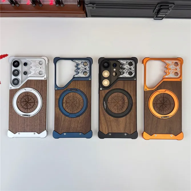 Coque Samsung Galaxy S26 Ultra Bois de Noyer Sans Bordure avec Boussole Gravée