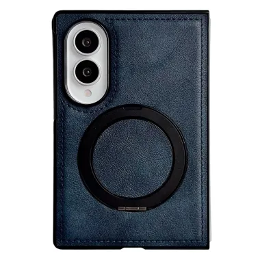 Coque Samsung Galaxy Z Fold 8 Simili Cuir avec Anneau Magnétique Rotatif Bleu Foncé