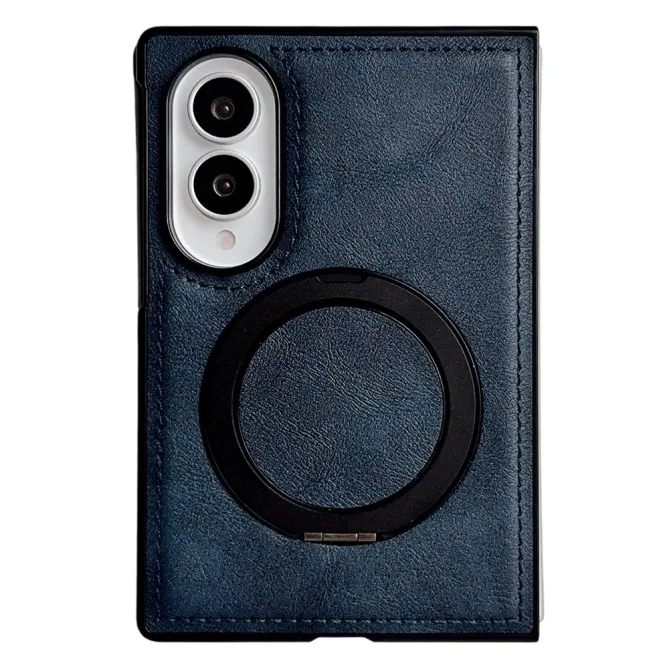 Coque Samsung Galaxy Z Fold 8 Simili Cuir avec Anneau Magnétique Rotatif Bleu Foncé