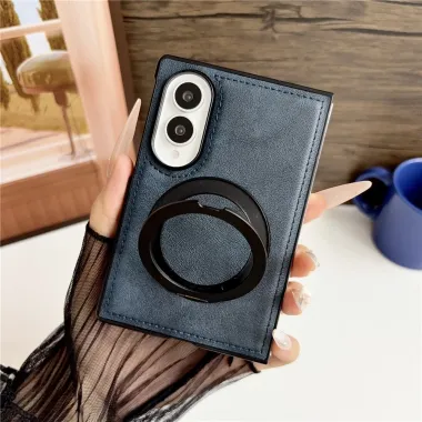 Coque Samsung Galaxy Z Fold 8 Simili Cuir avec Anneau Magnétique Rotatif Bleu Foncé - photo 2