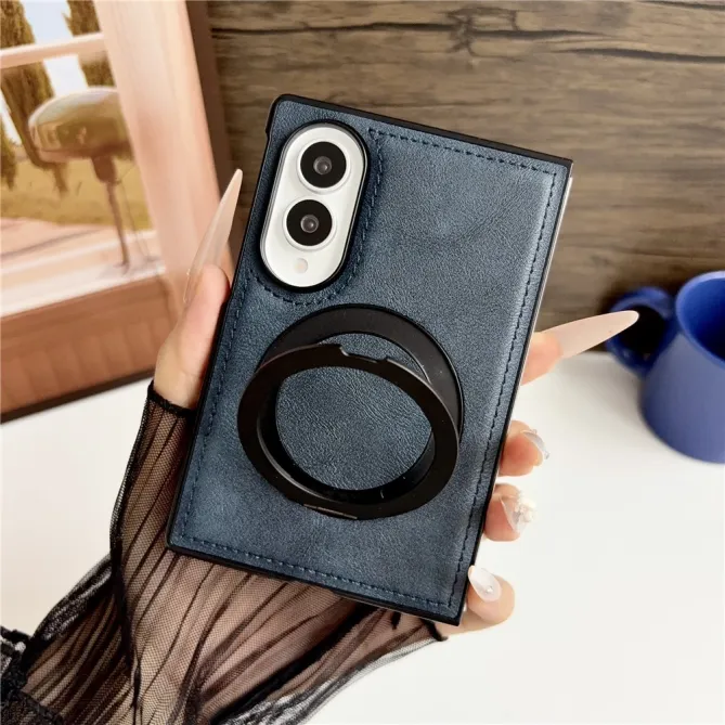 Coque Samsung Galaxy Z Fold 8 Simili Cuir avec Anneau Magnétique Rotatif Bleu Foncé - photo 2