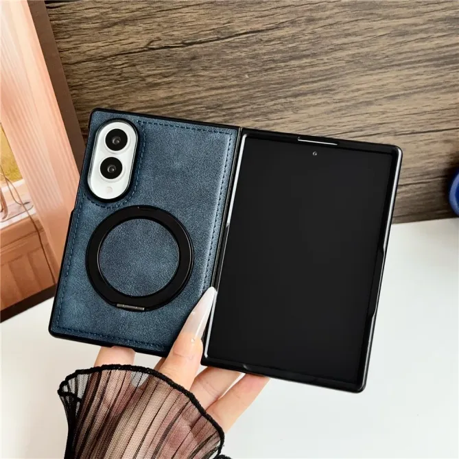 Coque Samsung Galaxy Z Fold 8 Simili Cuir avec Anneau Magnétique Rotatif Bleu Foncé - photo 3