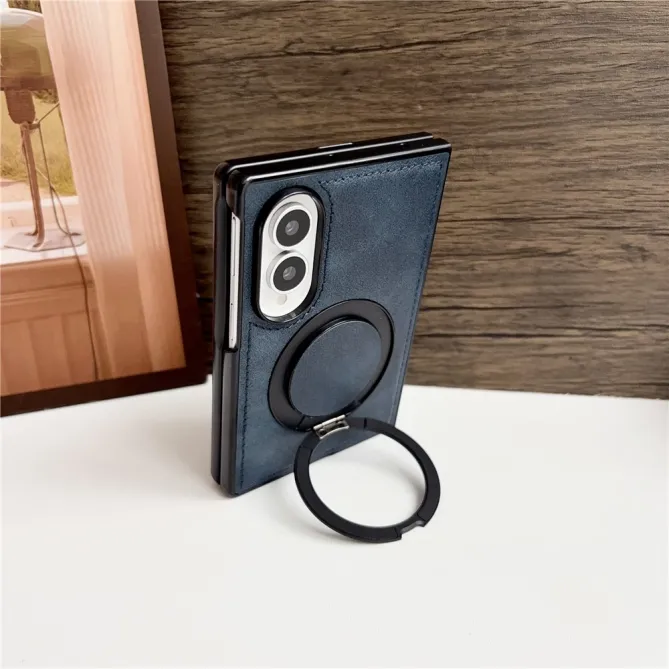 Coque Samsung Galaxy Z Fold 8 Simili Cuir avec Anneau Magnétique Rotatif Bleu Foncé - photo 4