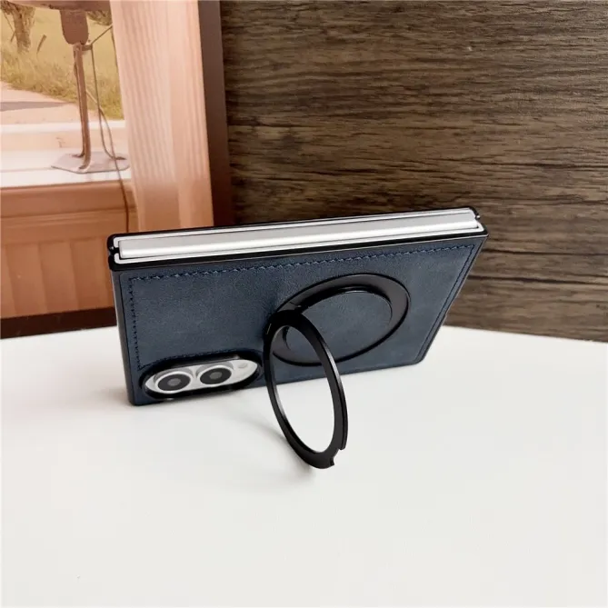 Coque Samsung Galaxy Z Fold 8 Simili Cuir avec Anneau Magnétique Rotatif Bleu Foncé - photo 5