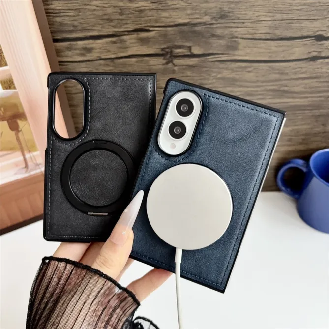 Coque Samsung Galaxy Z Fold 8 Simili Cuir avec Anneau Magnétique Rotatif Bleu Foncé - photo 7