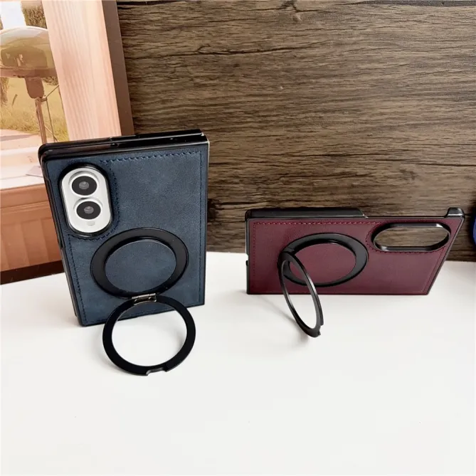 Coque Samsung Galaxy Z Fold 8 Simili Cuir avec Anneau Magnétique Rotatif Bleu Foncé - photo 8