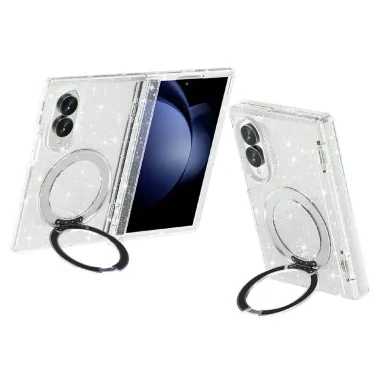 Coque Samsung Galaxy Z Fold 8 Pailletée avec Anneau Support Magnétique Blanc