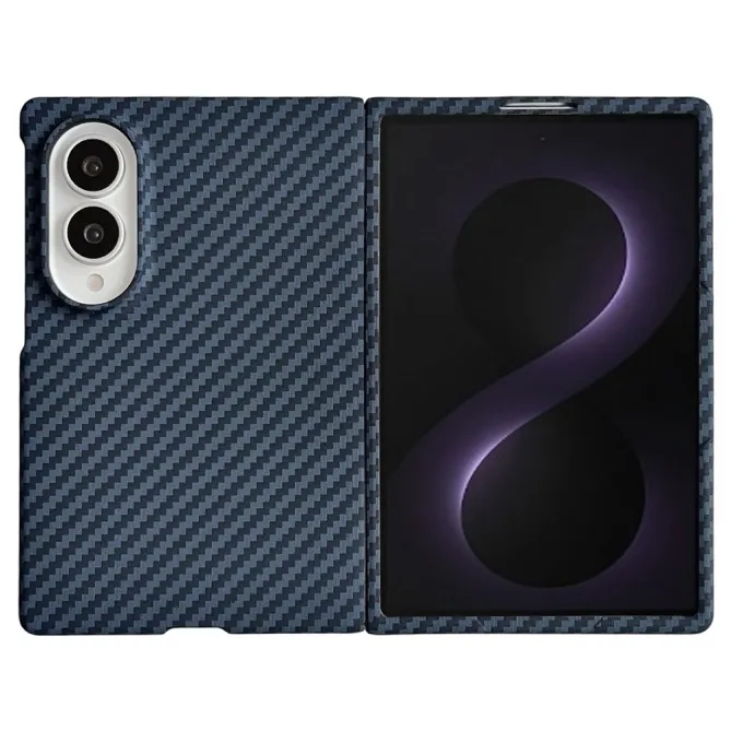 Coque Samsung Galaxy Z Fold 8 Effet Fibre de Carbone avec Protection d'Écran Intégrée Bleu Foncé