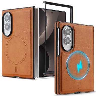 Coque Samsung Galaxy Fold 8 Magnétique Effet Cuir Grainé Marron Clair