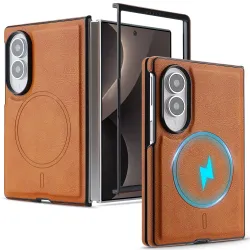 Coque Samsung Galaxy Fold 8 Magnétique Effet Cuir Grainé Marron Clair