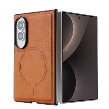 Coque Samsung Galaxy Fold 8 Magnétique Effet Cuir Grainé Marron Clair - photo 2