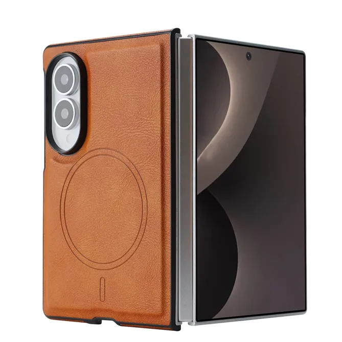 Coque Samsung Galaxy Fold 8 Magnétique Effet Cuir Grainé Marron Clair - photo 2