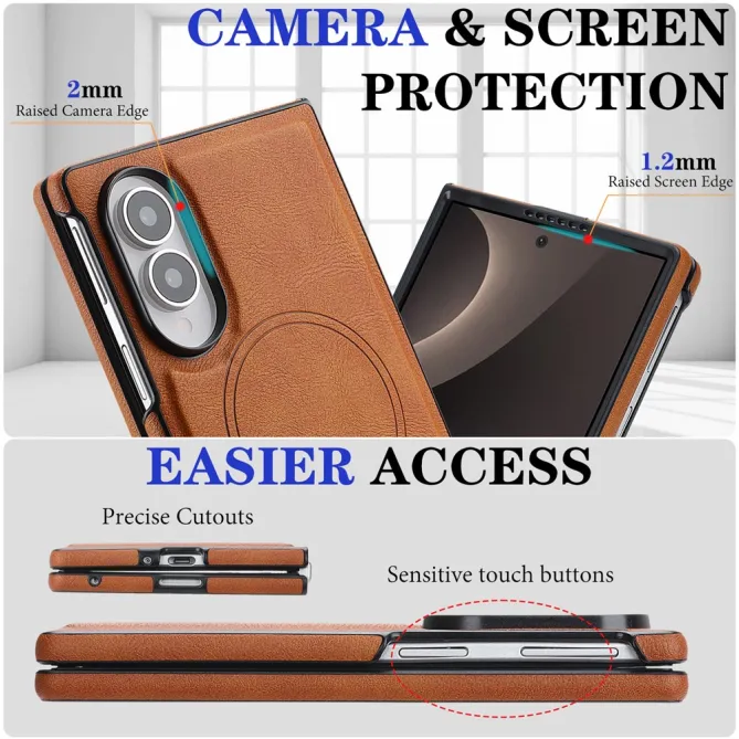 Coque Samsung Galaxy Fold 8 Magnétique Effet Cuir Grainé Marron Clair - photo 5