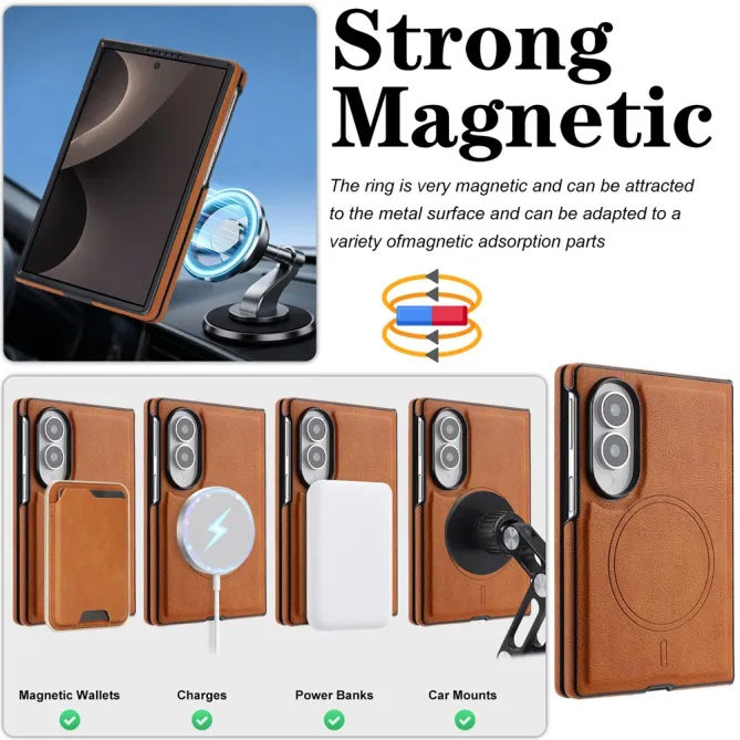 Coque Samsung Galaxy Fold 8 Magnétique Effet Cuir Grainé Marron Clair - photo 6
