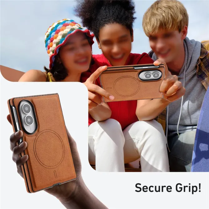 Coque Samsung Galaxy Fold 8 Magnétique Effet Cuir Grainé Marron Clair - photo 7