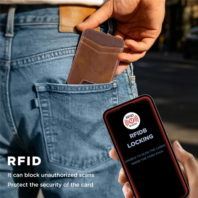Porte-cartes Push Anti-RFID Effet Cuir Texturé | PUSHY Marron - photo 3