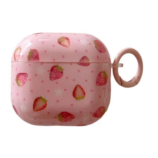 Coque AirPods 4 Motif Fraise avec Mousqueton